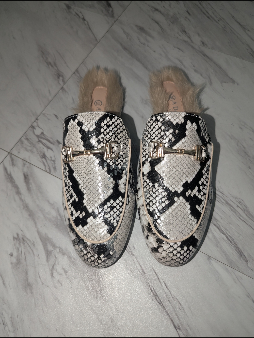 Woven Snake-Print Fur-Trim Slip-On Loafers - Black & Cream